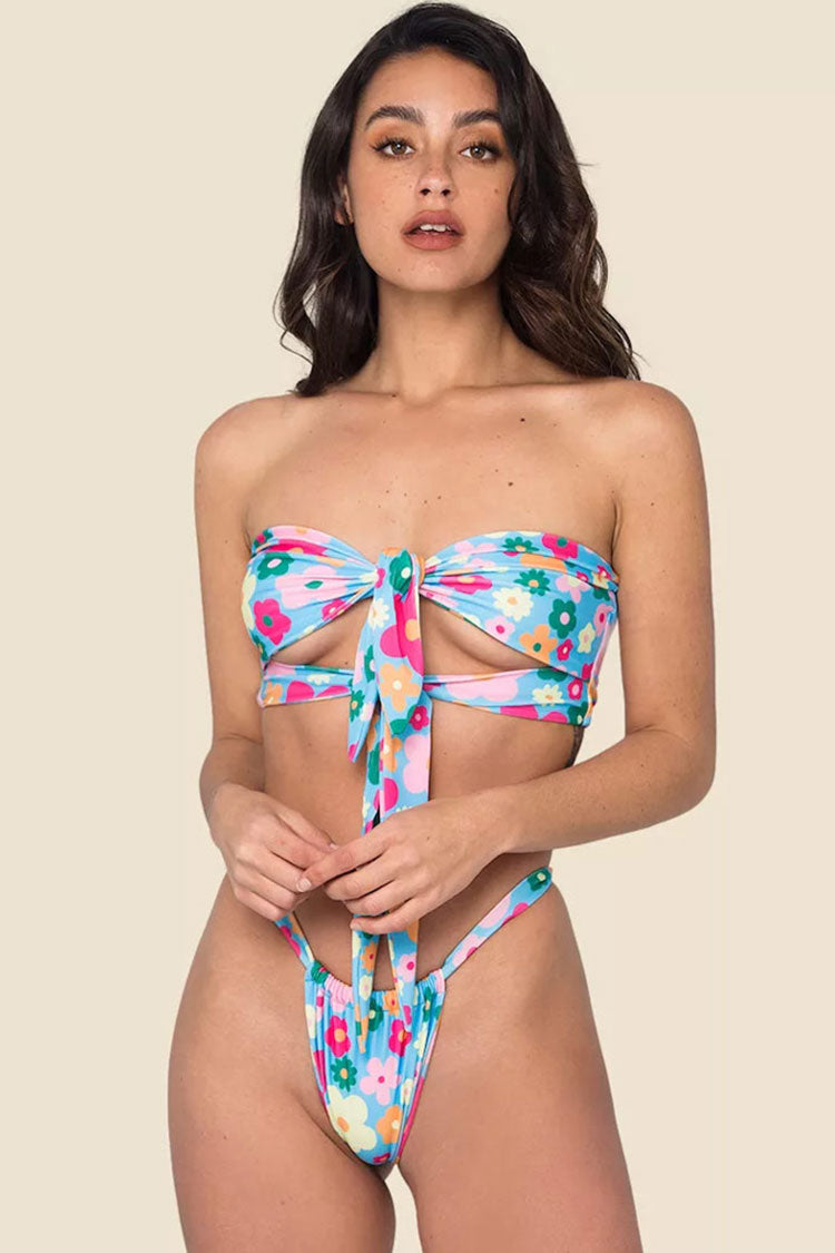 Retro High Cut Double Knotted Bandeau Bikini Two Piece Swimsuit