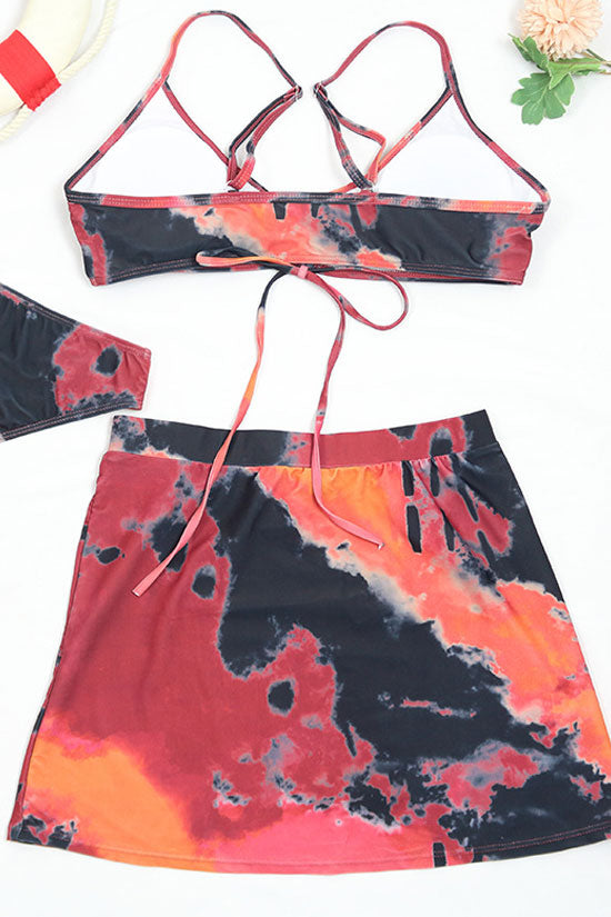 Retro Tie Dye Print Cinch Front Bralette Bikini Three Piece Swimsuit