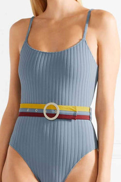 Ribbed Contrast Striped Belted One Piece Swimsuit