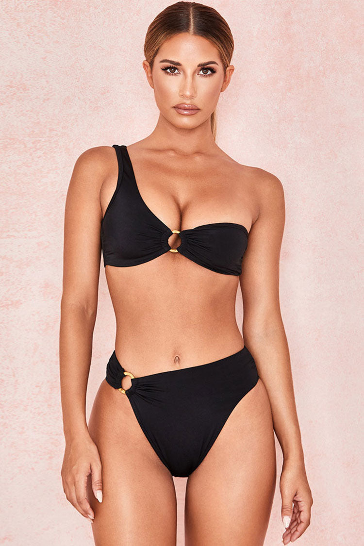 Ribbed Metal Ring High Cut One Shoulder Bikini Two Piece Swimsuit