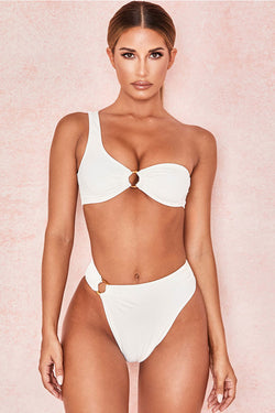 Ribbed Metal Ring High Cut One Shoulder Bikini Two Piece Swimsuit