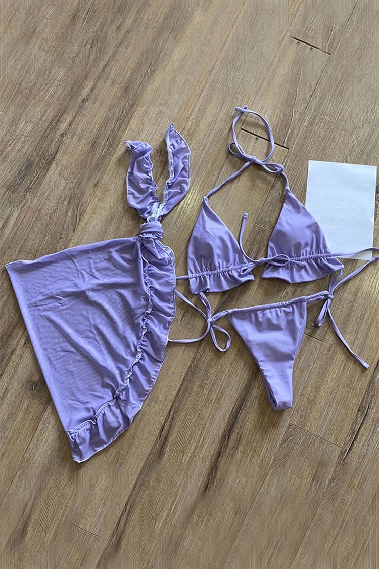 Ruffle Cover Up Tie String Slide Triangle Bikini Three Piece Swimsuit