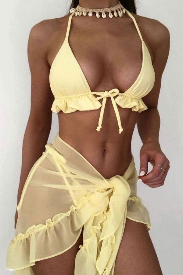 Ruffle Cover Up Tie String Slide Triangle Bikini Three Piece Swimsuit