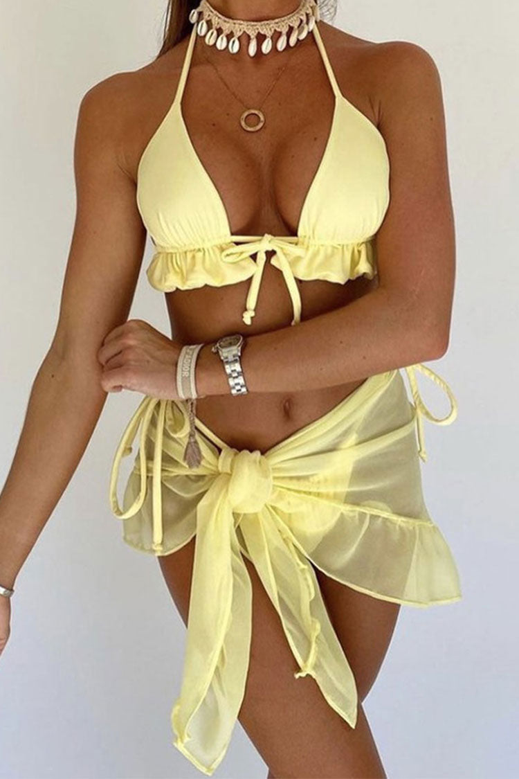 Ruffle Cover Up Tie String Slide Triangle Bikini Three Piece Swimsuit