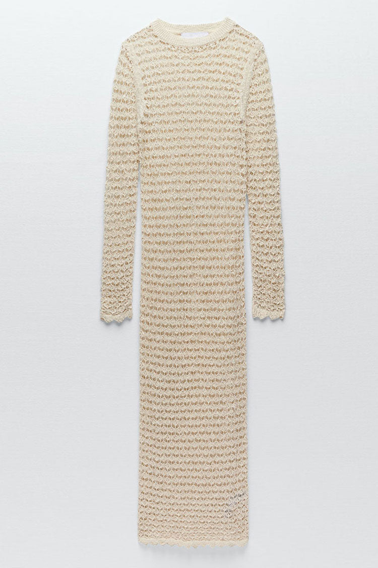 Scalloped Long Sleeve Crochet Knit High Neck Cover Up Dress