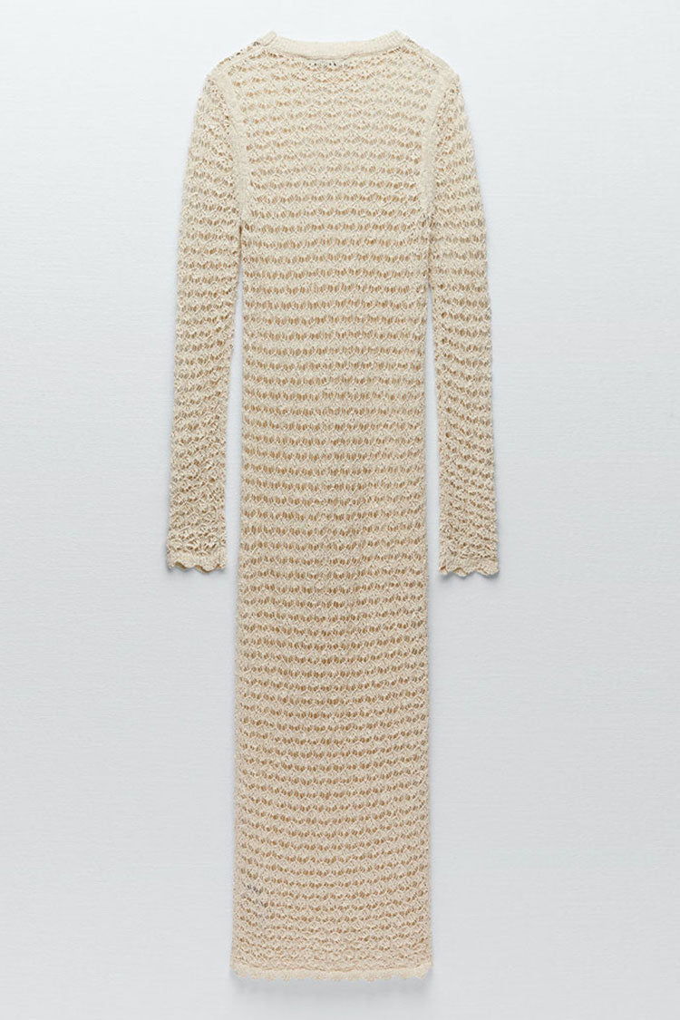 Scalloped Long Sleeve Crochet Knit High Neck Cover Up Dress