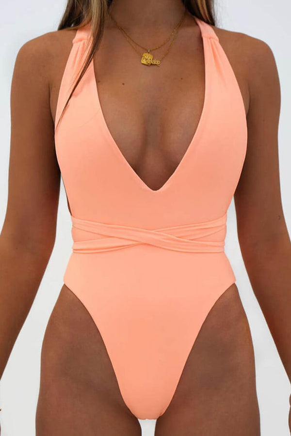 Sexy High Leg Cross Strap Low Back Plunge V Neck One Piece Swimsuit