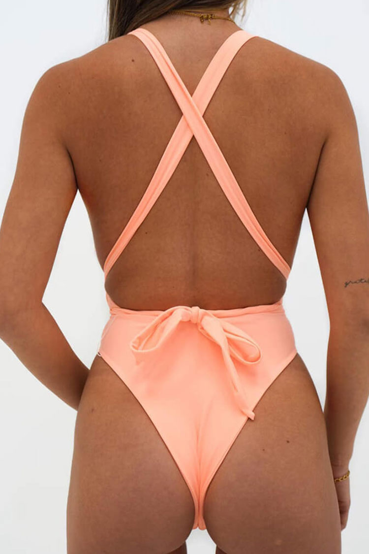 Sexy High Leg Cross Strap Low Back Plunge V Neck One Piece Swimsuit