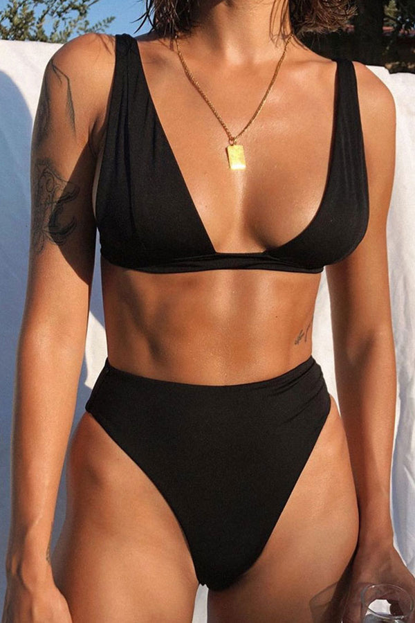 Sexy Solid Color High Cut V Neck Triangle Bikini Two Piece Swimsuit