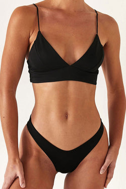 Simple Solid Color High Cut V Neck Bralette Bikini Two Piece Swimsuit