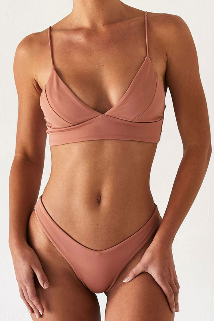 Simple Solid Color High Cut V Neck Bralette Bikini Two Piece Swimsuit
