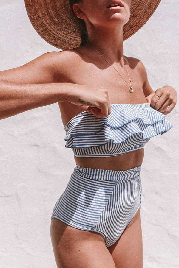 Striped High Waist Tiered Ruffle Bandeau Bikini Two Piece Swimsuit