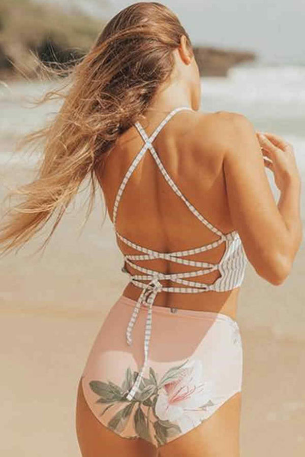 Striped Lace Up Back High Neck Crop Bikini Two Piece Swimsuit