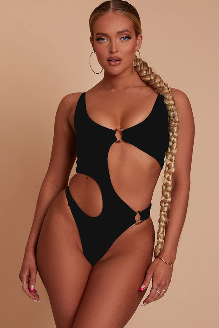 Stylish High Leg Cutout Hoop Trim Deep V Neck One Piece Swimsuit