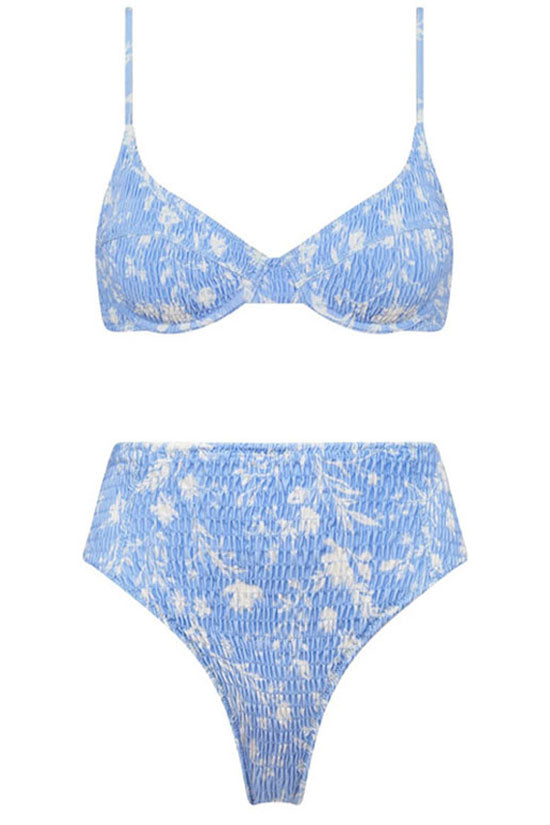 Vintage Floral Print High Waist Shirred Underwire Bikini Two Piece Swimsuit