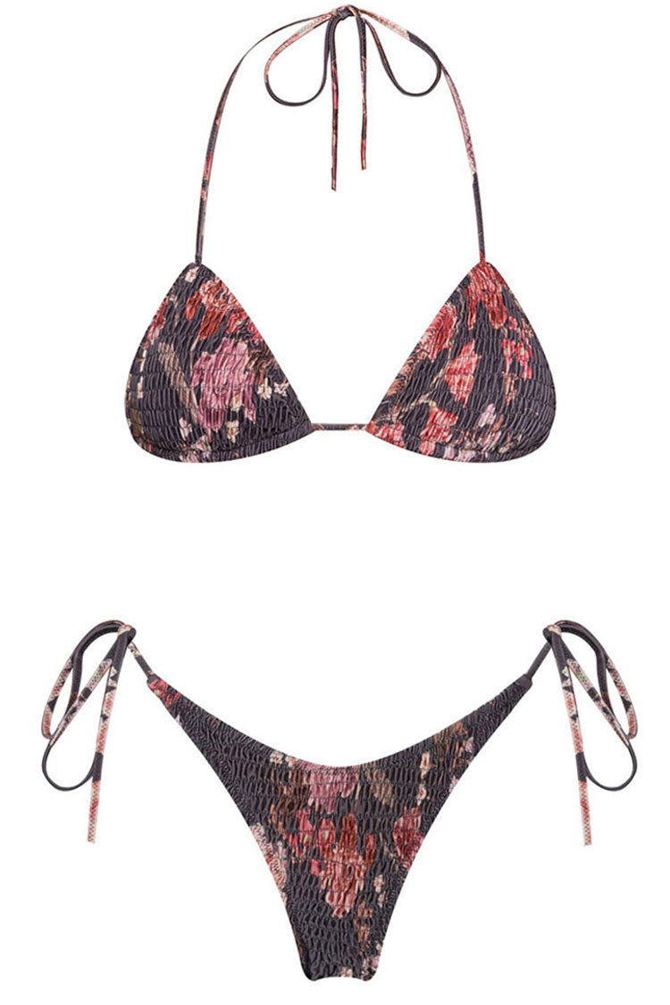 Sexy Floral Print Tie String Shirred Slide Triangle Bikini Two Piece Swimsuit