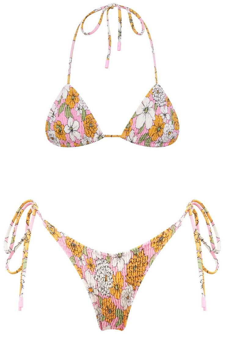 Sexy Floral Print Tie String Shirred Slide Triangle Bikini Two Piece Swimsuit