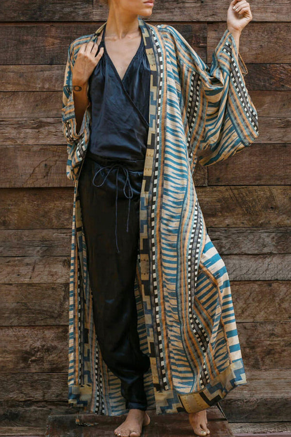 Vintage Geometric Printed Long Sleeve Maxi Kimono Cover Up