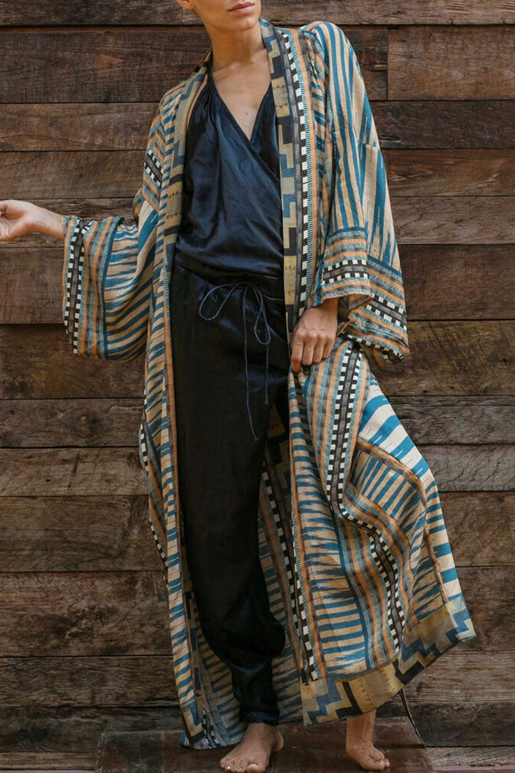 Vintage Geometric Printed Long Sleeve Maxi Kimono Cover Up