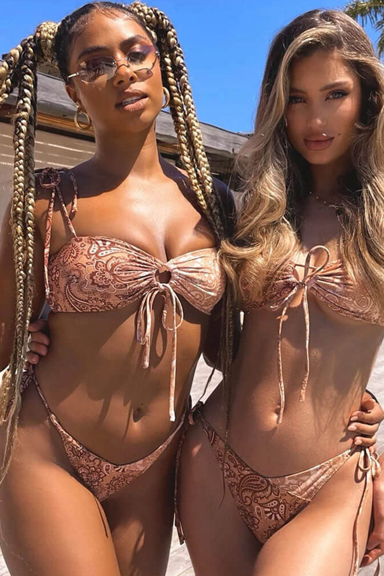 Vintage Paisley Printed Self Tie Bralette Bikini Two Piece Swimsuit