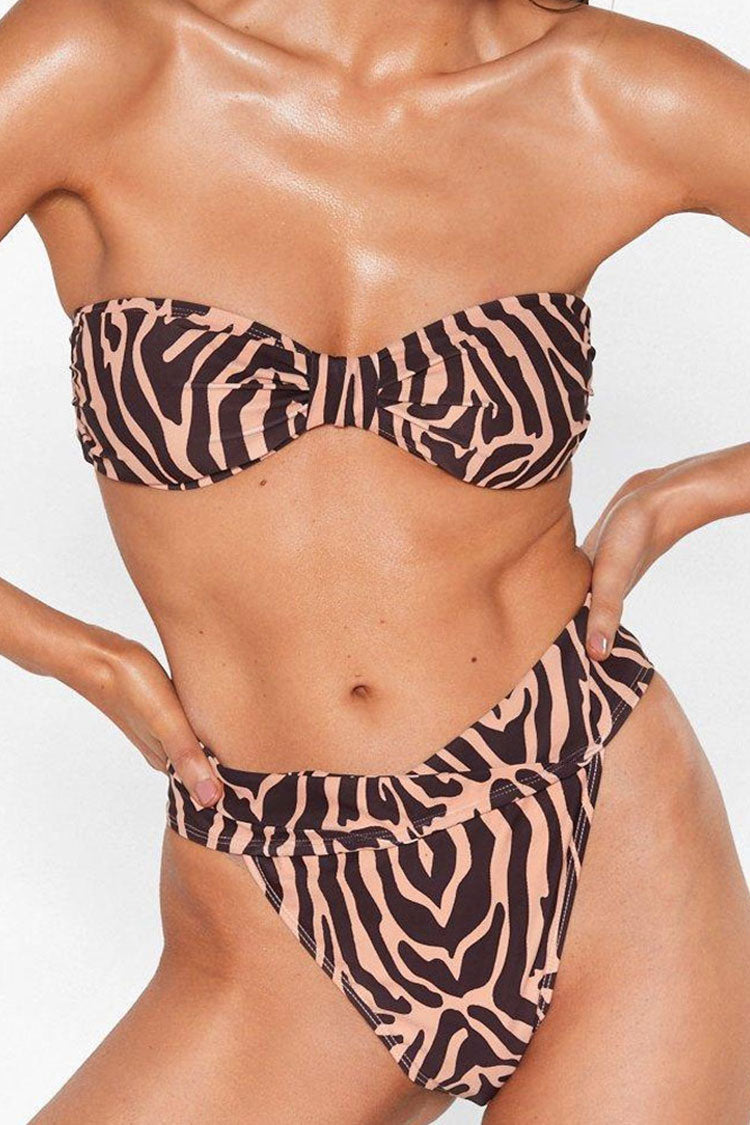 Zebra Printed High Cut Bowknot Bandeau Bikini Two Piece Swimsuit